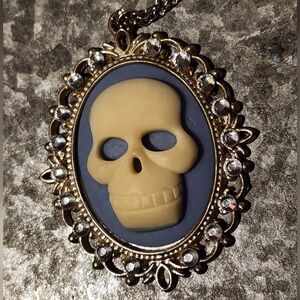 Baby Blue Cameo Necklace with Skull and Rhinestones